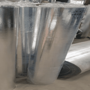 Silver reflective insulation foil rolls on warehouse floor