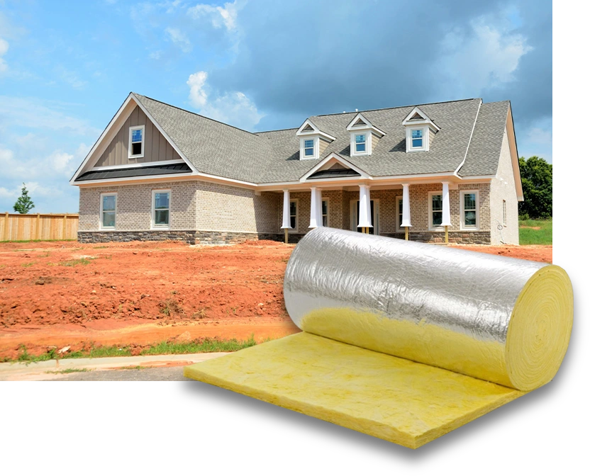 A house with a roll of insulation in front