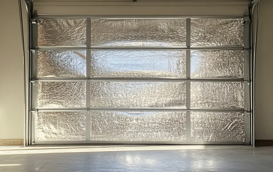 Insulated garage door with reflective foil panels