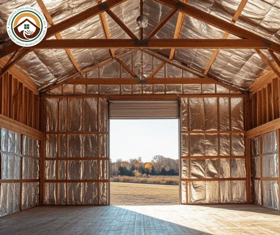 Insulated barn interior with open field view