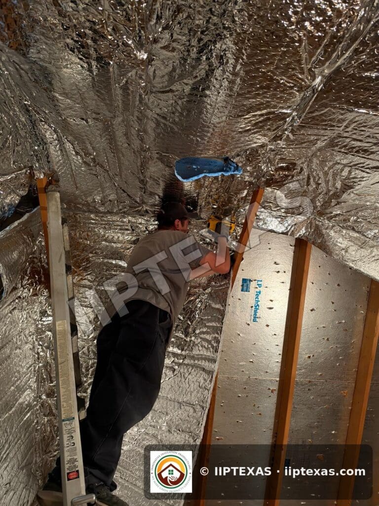 IIP Texas crew installing double bubble foil radiant barrier on attic rafters in the Dallas-Fort Worth area